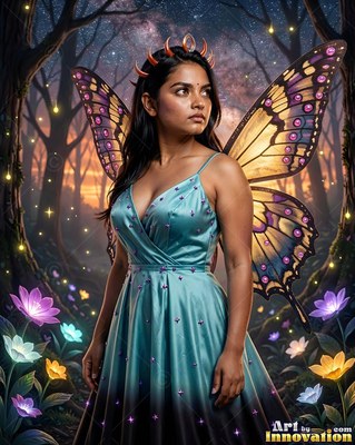 Woman with yellow butterfly wings in a blue satin dress in a dark forest