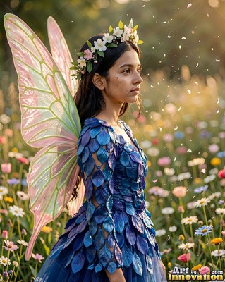 Wearing a blue leaf dress and pink wings, a woman pauses in a sunny flower field