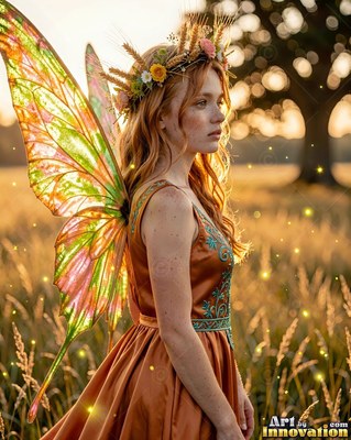 A winged woman stands in a field of tall grass under warm golden sunset light