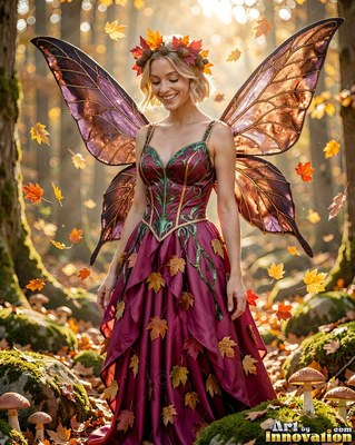 Standing in sunny woods, a winged woman smiles down in a maroon dress