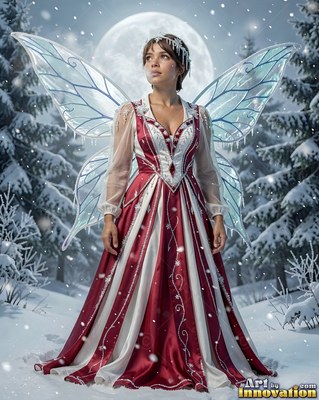 A woman with icy wings wears a red gown in a snowy forest under the full moon