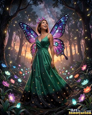 In a night forest, a smiling woman clad in a green dress and purple butterfly wings