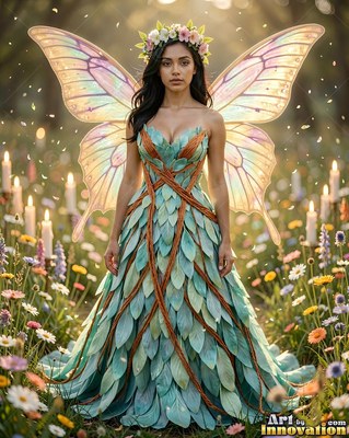 Standing in a flower field, a woman with wings wears a green leaf gown