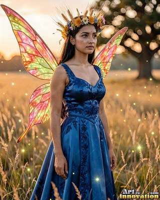 Woman in a blue dress with fairy wings standing in a field