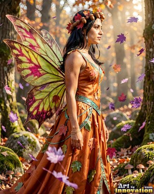 A leaf crown rests on the dark hair of a fairy woman standing in an autumn forest with falling purple leaves