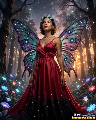 A woman fairy stands in a dark forest, wearing a red gown with purple butterfly wings