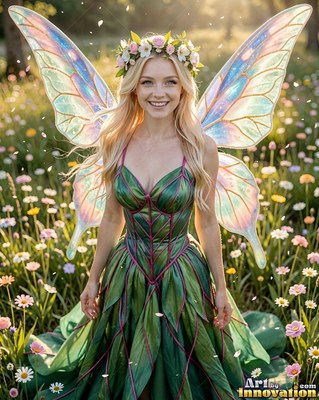 Standing front-facing in a daisy field, a woman fairy smiles in a green leaf dress