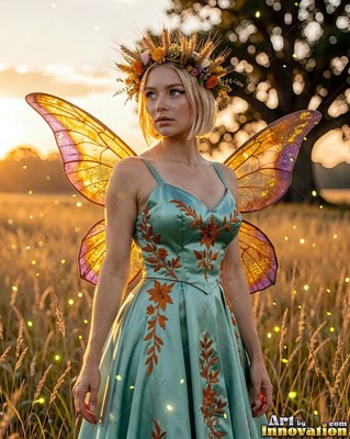 A woman with wings in a green dress stands in a wheat field at sunset