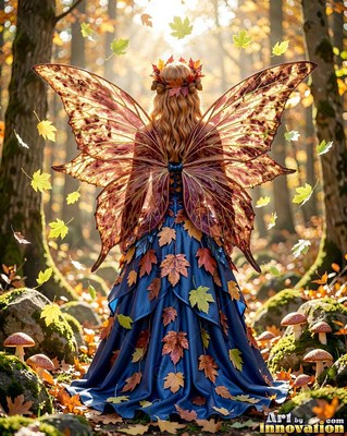 In a sunlit forest, a winged woman stands in a blue gown covered in fall leaves