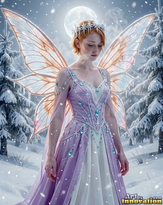 Standing in snow, a woman with wings wears a purple dress and an ice crown