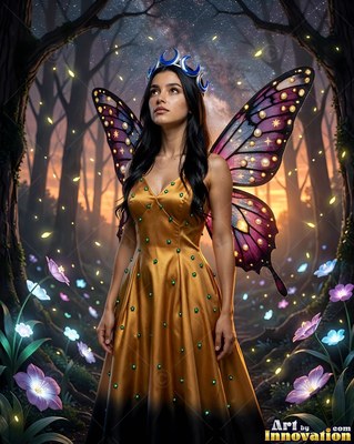 A woman with butterfly wings in a gold dress in the woods