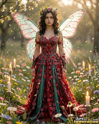 Wearing a red petal gown, a winged woman is standing in a meadow with tall candles