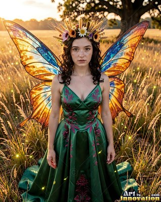 A woman with wings stands in dry grass wearing a green dress under warm evening light