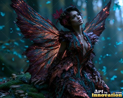 Sitting back in a dark woods, a woman rests with wide copper leaf wings