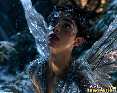 A winged woman with short dark hair looks up in a snowy blue woods