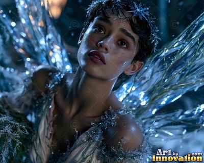 In a dark winter forest, a winged woman looks up with ice in her short hair