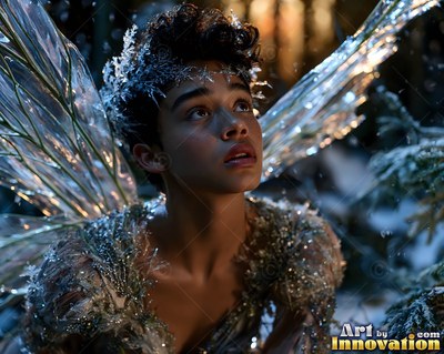 Looking up in snowy woods, a fairy woman rests with icy wings and a frosted crown