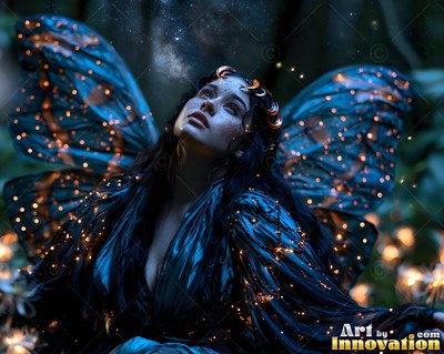 Deep blue wings covered in tiny lights spread behind a woman resting in a shadowy forest