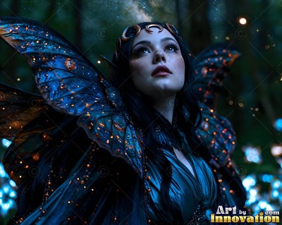 A woman with butterfly wings looks upward in a dark forest with tiny warm lights
