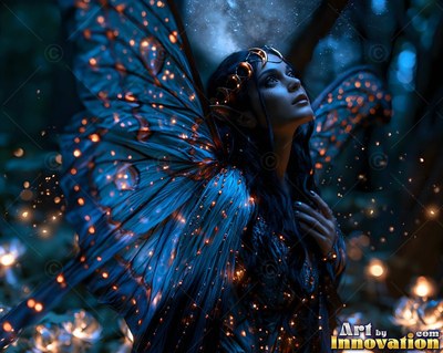Facing upward in a dark wood, a woman with wings looks toward the night sky