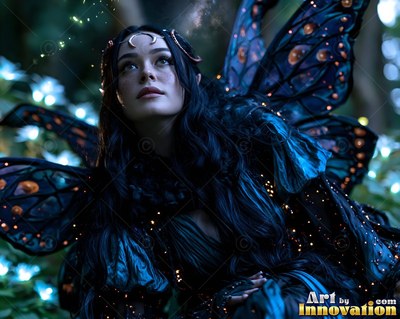 A woman fairy with dark blue butterfly wings sits in a dark forest looking up