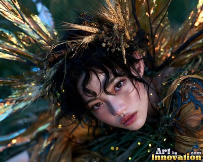 In dim blue woods, a woman rests crowned with dried wheat and gold stalks