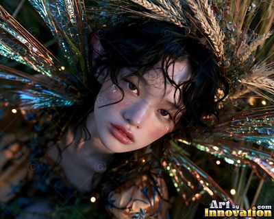 Lying back in dried wheat, a fairy woman looks up with shiny foil wings