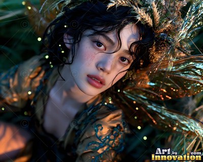 Dark-haired woman with wheat in her hair in dim grass