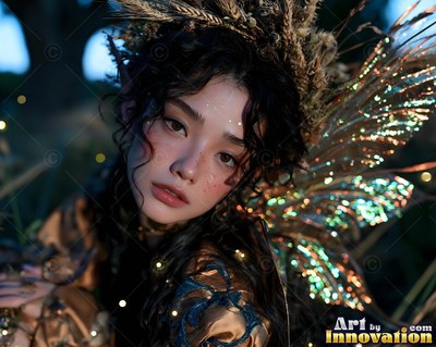 A dried grass crown rests on a dark-haired fae woman wearing shiny wings in the woods