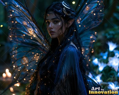 A dark-haired fairy woman turns with blue wings lit by soft yellow specks