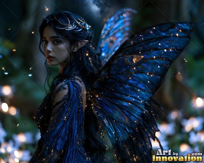Turned in profile in dark woods, a woman looks back with blue fairy wings