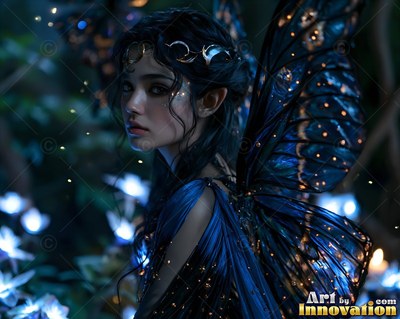 A woman with pointed ears and dark butterfly wings looks back in the night