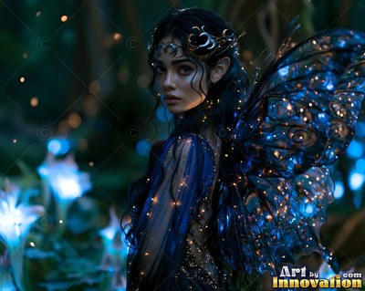 In a dark forest, a winged fae woman looks over her shoulder near blue flowers