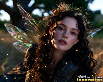 Looking ahead, a dark-haired woman fairy with clear wings sits in a field at dusk