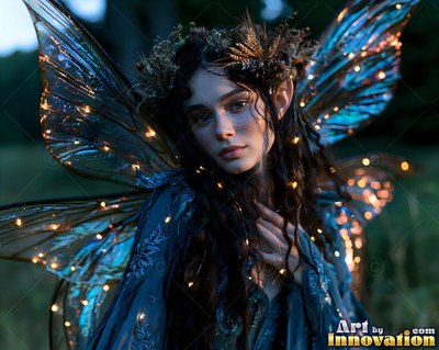 Woman with pointed ears and fairy wings with small lights outdoors