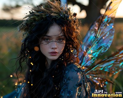 Wearing a dried flower crown, a woman with wings with shiny blue wings rests in a grassy field at dusk