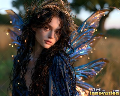 A dark-haired woman turns her head in a field, her blue fairy wings catching warm evening light