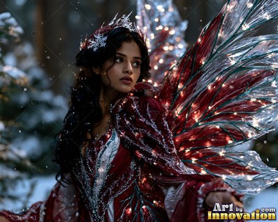 Facing sideways in a snowy forest, a woman poses with lit red wings