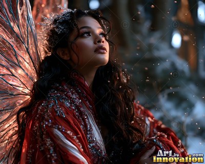 A woman with thin wings looks up in a red dress as snow falls in the woods