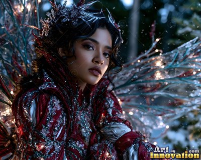 In a snowy wood, a woman with frosted wings wears a dark red velvet dress