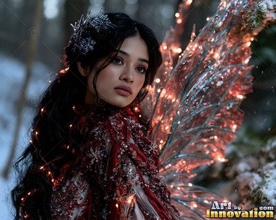 Pausing in the snowy woods, a dark-haired woman fairy wears red fairy wings strung with tiny lights