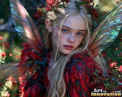 Blonde woman with pointed ears and shiny fairy wings in red flowers