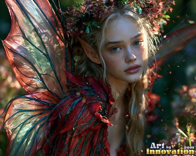 Translucent red wings spread behind a blonde woman standing in a dark forest clearing