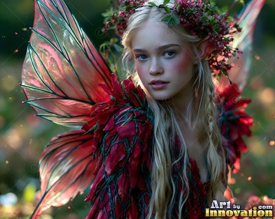 A fairy woman looks forward with red petal wings shining in soft daylight