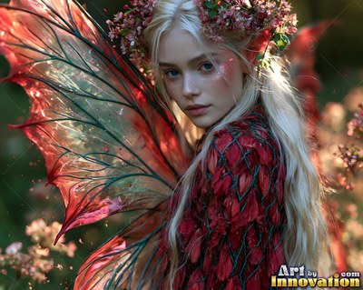 Facing forward in a garden, a blonde woman wears red leaf wings