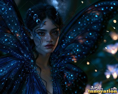 A woman with pointed ears and dark blue butterfly wings looks at you in the dark