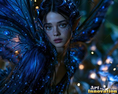 In a dark forest, a woman shown with wings with pointed ears looks forward in blue light