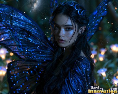 Looking ahead in the dark, a fae woman in dark blue wings and a crescent crown