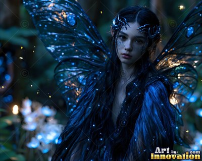A woman with dark fairy wings sits in a dim forest