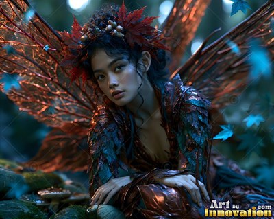 A crown of red leaves rests on a woman with copper wings resting in a dark forest